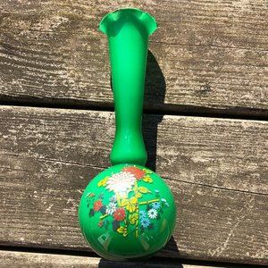 Vintage green Bud Flower Vase / Japan / Green Art / Ruffled Top / Hand Painted